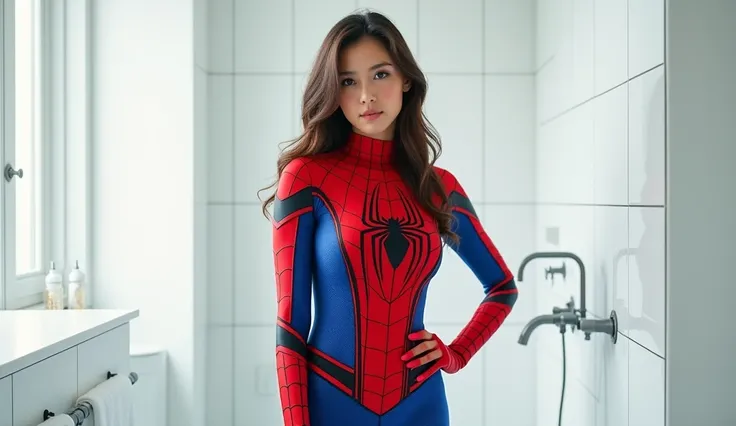  26 years old beautiful girl standing her ass forward , hand rest on the hips ,wearing a spider man costume , in the white toilet , good light 
