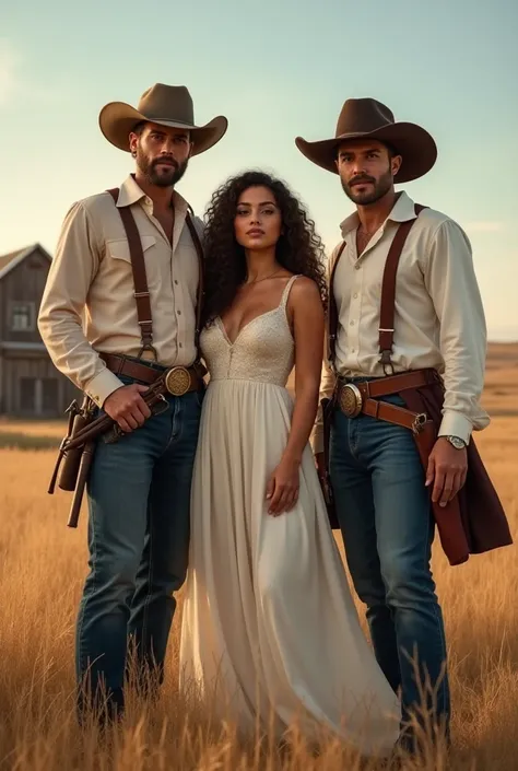  Create two men ,  a fair-skinned blond and a black-haired and white-skinned one,  Bad Face,  strong and handsome wearing cowboy clothes without weapons and a hat ,  in their midst a beautiful woman, Full-bodied, molded and sexy, fair skin curly hair and d...