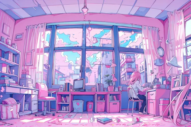  one girl ,  Detailed Details , pink long hair,  white underwear, skin, ,  is playing drums, In front of the big window , , Hardwood Floors, bookcase, Houseplants,  desk work with PC, chair,  personal computer, ,  big clouds appear outside the window ,