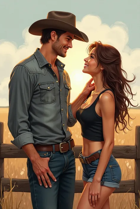  man with brown hair amber eyes gray tight denim shirt jeans pants and cowboy boots he is tall and athletic
 She is standing on a wooden fence while smiling and looking at her friend, a woman with brown hair, amber eyes, a black tank top, a cowboy shorts a...