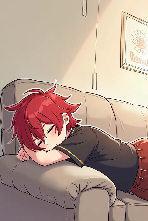 The red-haired character Diluk from Genshin Impact SLEEPS. Comic, on the sofa , uneven lines , ibis paint ,  unprofessional , a recognizable person