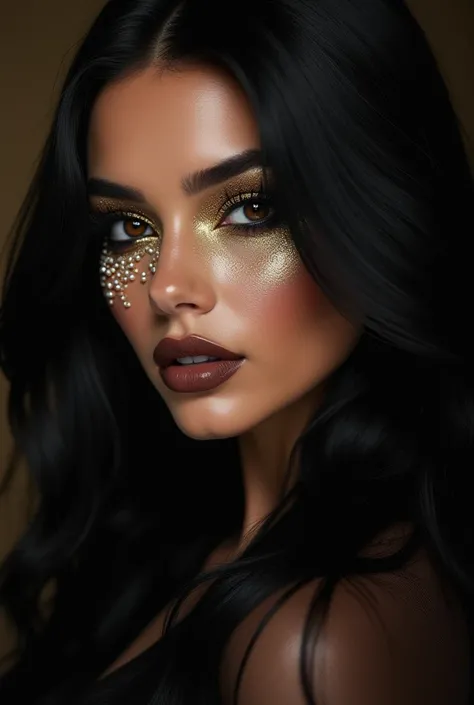 Beautiful Real Looking Woman, long silky black hair,  her eyes with Super Black Gold Makeup Beautiful Luxury Woman Eye Vantablack Makeup , big eyelashes , eyes decorated and  all covered with gold end white pearls in amazing patern making Stuning eyes and ...