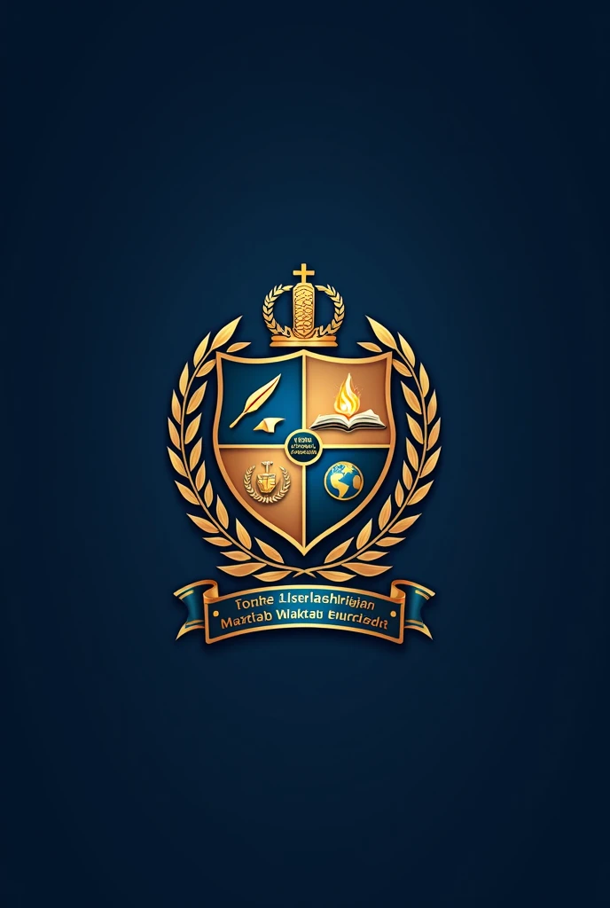 An emblem design for an elite school. The emblem features a shield as its base, divided into four sections. The top-left section has a golden quill and an open book representing knowledge. The top-right section has a torch with flames symbolizing enlighten...