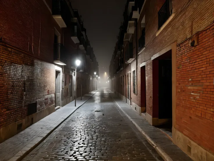 a dark and foggy night in a dirty and dark alley with blocks of old red brick apartments with chipped walls in a Madrid suburb