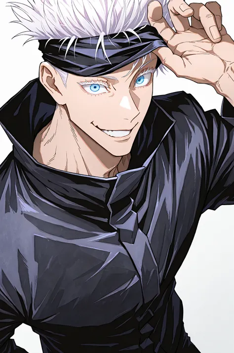 1boy, gojou satoru, jujutsu kaisen, blindfold lift, blindfold, hand up, (((blindfold covering one eye))), upper body, white hair, blue eye, smirk, black uniform, matching top and bottom, solo, standing, white background, akutami_gege, masterpiece, best qua...