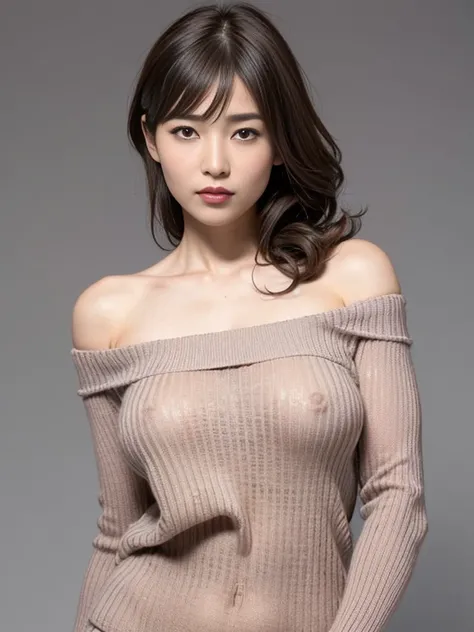  high resolution, masterpiece,  irritated skin ,  very detailed,  photorealistic,  professional lighting,  the depth of the written boundary,  sharp, ( grey background), ( front view：1.2),( Japanese mature, 38 year old women are sexy:1.0),  detailed face, ...