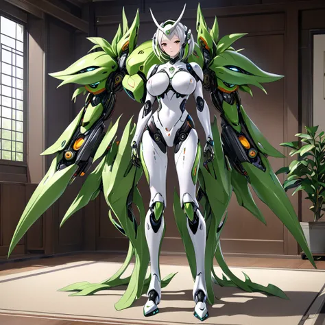 (( best quality)), ((masterpiece)),full body,plant-like female humanoid monster、The right half is a female robot、perfect body,large breasts, 