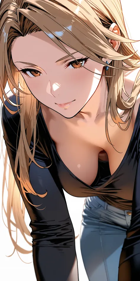 Masterpiece, mature woman, katalina (granblue fantasy), slim, upper body, long sleeve shirt, black shirt, leaning forward, downblouse, ultra detailed, highres, absurdres, home