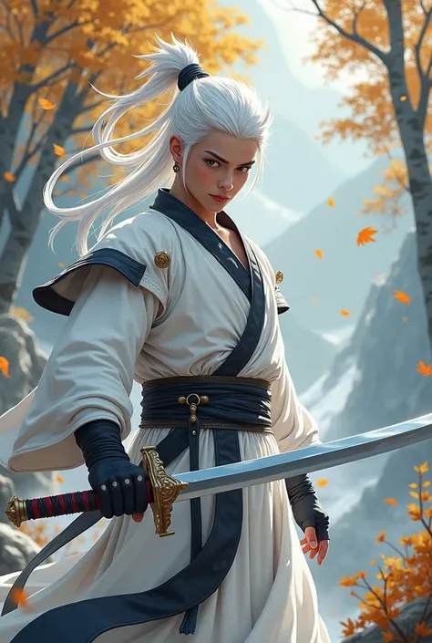 Manga illustration, young Chinese lord, White Tiger Clan, Pure Sword Pagoda disciple, brave, stern, warlike, righteous, pristine white Daoist robes with austere black trim, spiky white hair like frosted blades, piercing steel-gray eyes, wielding a blessed ...