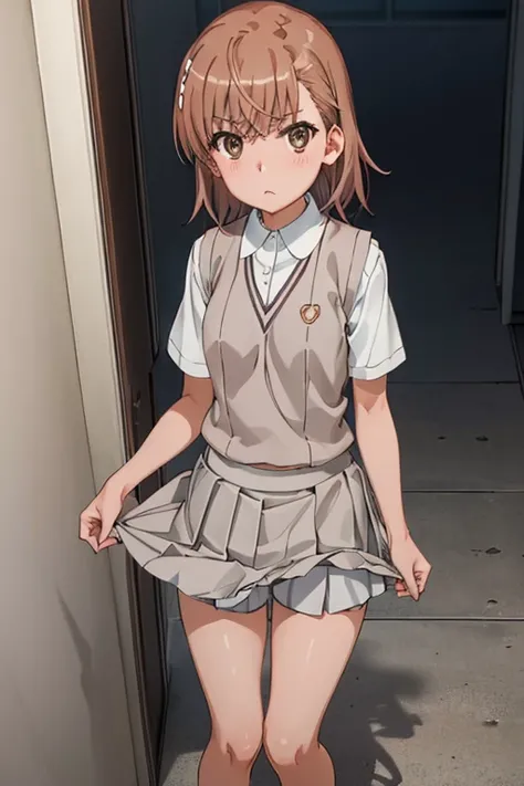 Mikoto misaka.、A Certain Scientific Railgun、girl、Small breasts、whole body,blush,Short sleeve blouse、Beige knit vest、(Darkgrey plain pleated skirt:1.4)、best quality,(white  shorts:1.3),(skirt lift:1.4),panty shot