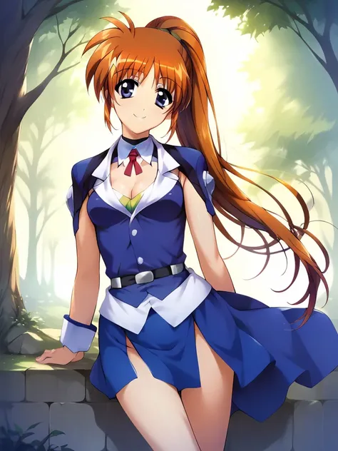 Nanoha, (cowboy shot),  small breasts, cleavage, (smile),  score_9,  score_8_superior,  score_7_superior,  source_anime, (best quality:1.2), masterpiece,  high quality , full color, 8k,  high resolution,  natural makeup,  front light 