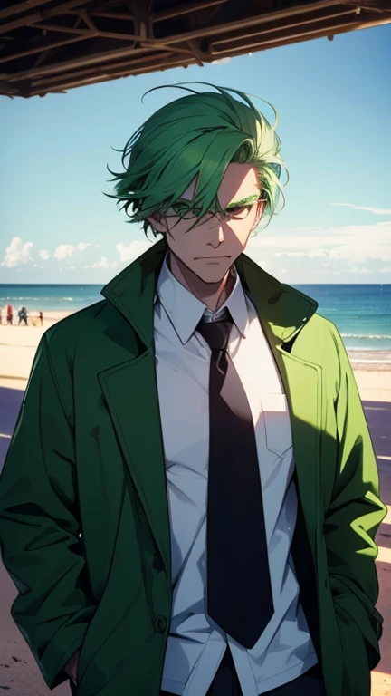  At the weapons testing ground at the deserted oceanfront pier ,  a scientist dressed , a green coat , a white shirt,  and a middle-aged man with green hair and an angry expression