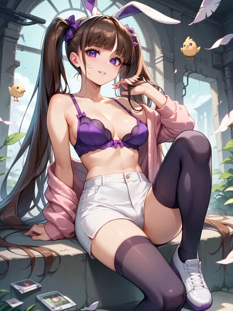 score_9, score_8_up, score_7_up, source_anime,
surreal, 
1girl, chic, {{dark brown Long Hair}}, long sideburns, twintails in the back of head, purple bows on twintails, light tan skin, pansexual colors on, white bunny ears, purple iris on right eye, white ...