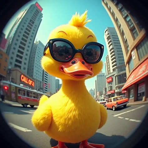 retro atmosphere
yellow duck with black sunglasses
The background is the city
cool
fisheye lens
As a cooler and more slayer