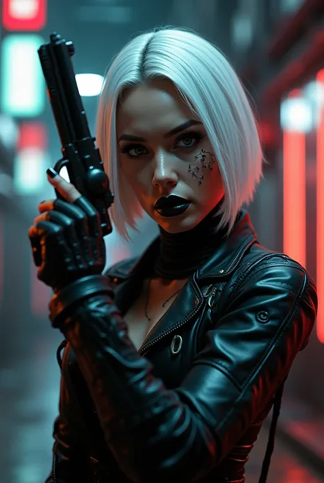 cyberpunk 2077,  Women's white-haired short, black lipstick and black nails ,  holding a futuristic revolver ,  cybernetic parts around the body ,  full arm Cyber black, Face cyber modifications