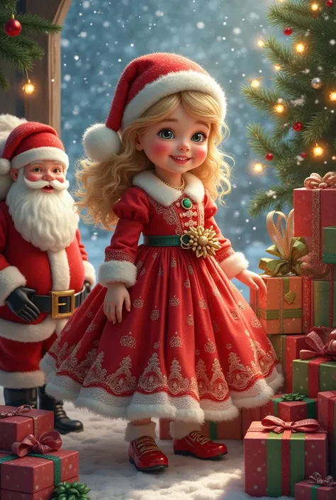 Christmas girl dress with gifts and Santa Claus 
