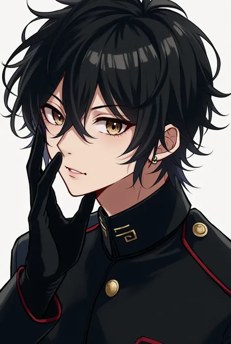  black hair、brown eyes solo,  handsome、anime、Black gloves、male、
 black military uniform、 tattoo、Earrings、The hair between the bangs、 medium hair、口Earrings