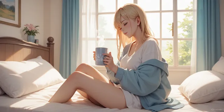 anime girl, holding a mug, sitting on bed, morning