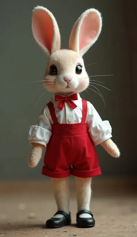 A cute pretty rabbit girl wearing white shirt and red bow ties, and red short skirt, and black girl shoes, is standing up right, facing forward, bright face, plastic white doll eyes, full body, highly detailed, good composition, antropomorfik, a fit clothe...