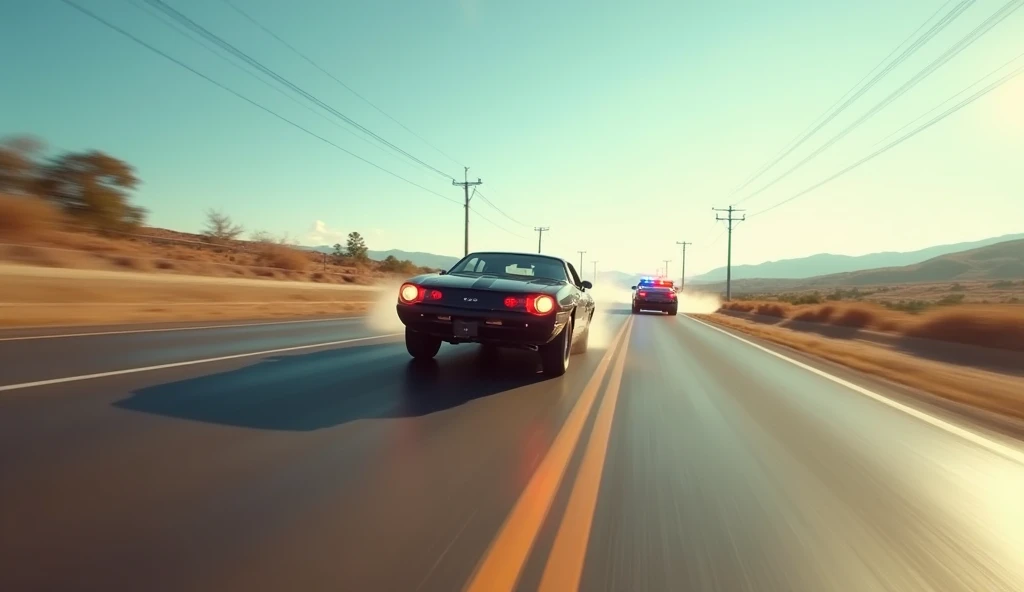 Create a high-speed car chase scene during the daytime, featuring a fleeing car in the foreground and a police car in pursuit directly behind it. The road should be a straight highway under a bright, sunny sky. Use motion blur to emphasize the speed and in...