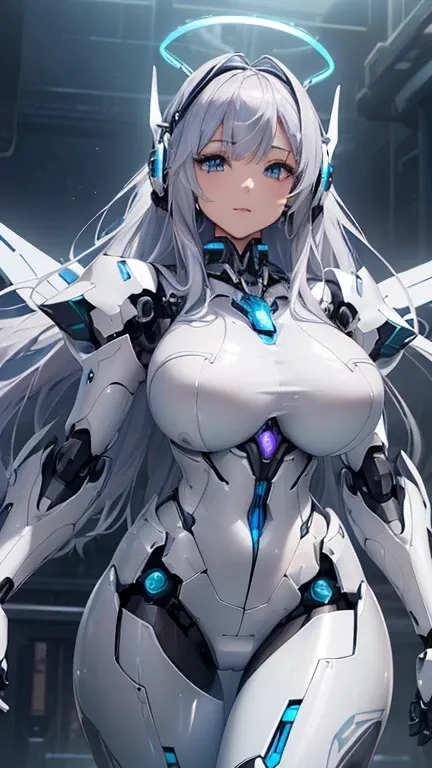 ((Lenses glowing on both breasts:1.3))、((Colunas de luz azul bright emanando de ambos os peitos:1.3))、( dynamic pose:1.6)、to smile、((8k)), ((32 mil )), (( High quality)), (( masterpiece)), (( ultra high resolution )), ((T masterpiece)), ((halo:1.4))、((mech...