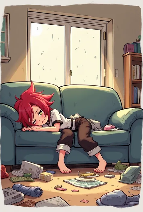 Tired Red-haired character Diluk from Genshin Impact SLEEPS. Comic, on the sofa , uneven lines , ibis paint ,  unprofessional , a recognizable person, mess on the floor.