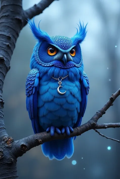 Enchanting Blue Owl on a Birch Tree Branch:**
    A mystical blue owl with glittering feathers in varying shades of cobalt and sapphire, perched on a bare birch tree branch. The owl wears a silver chain with a crescent moon charm. The background features a...