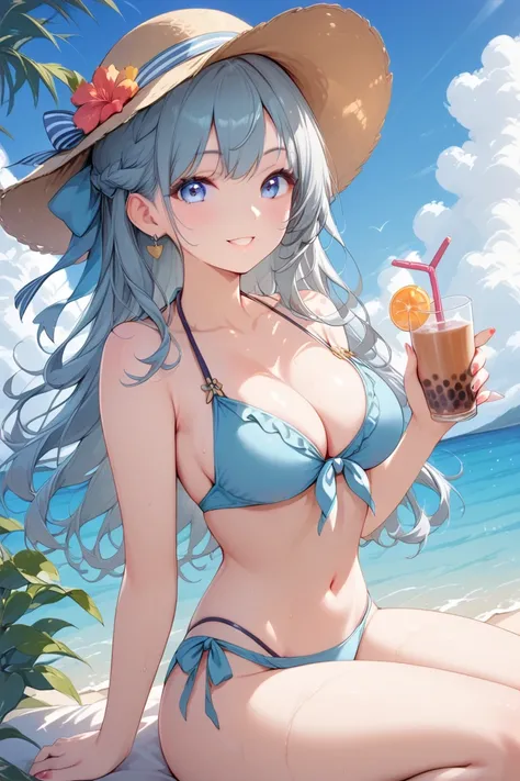 ( high quality )summer、 Beautiful Japanese Woman、 swimsuit、 pancakes 、Iced tea、 cafe terrace 、sea、blue sky