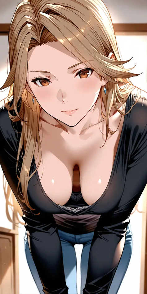 Masterpiece, mature woman, katalina (granblue fantasy), slim, upper body, long sleeve shirt, black shirt, leaning forward, downblouse, ultra detailed, highres, absurdres, home