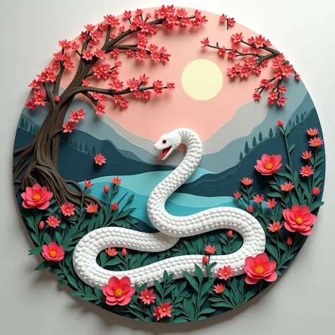 round relief ,  Fusion of Paper Cutting and Shadow Art ,  colorful origami painting  , colored paper collage , 1. Whitesnake,  painting depicting a beautiful natural landscape,  plum blossom, Plants in the background, 2.5D, Subtle and dynamic effects,  Gli...