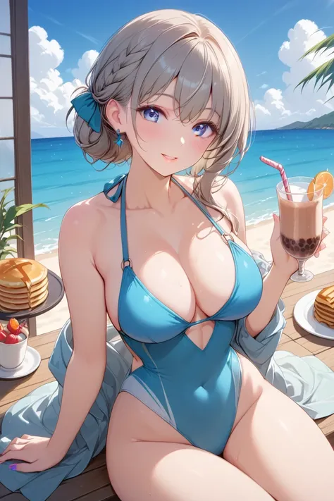 ( high quality )、 pancakes 、 Beautiful Japanese Woman、 swimsuit、Iced tea、 cafe terrace 、sea、blue sky、