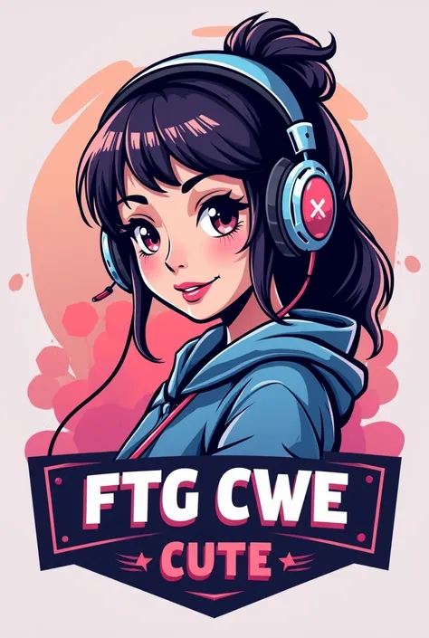 CREATE A GAMING LOGO FOR GIRLS, NEAR THE TUH NAK LOGO THERE : 1. girl wearing headphones 2.Write team name  "FTG CWE CUTE " 3.The background color must include 4.Don't make a slave logo.