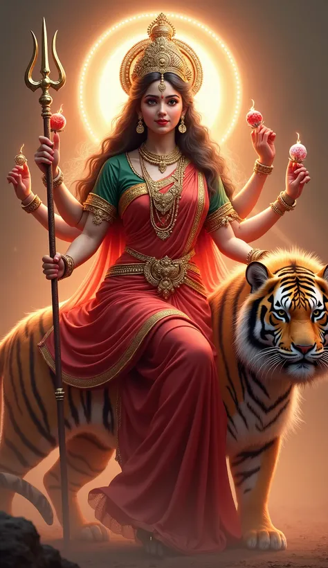 A hyper-realistic, Fierce goddess, full body digital portrait of Durga with pretty face,in a beam magical red  saree and blouse, her glowing, pearly skin shimmering under the soft light. Her skin is pinkish white skin, a crystalline structure that reflects...