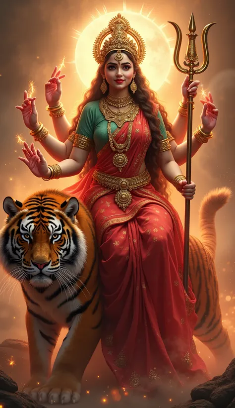 A hyper-realistic, Fierce goddess, full body digital portrait of Durga with pretty face,in a beam magical red  saree and blouse, her glowing, pearly skin shimmering under the soft light. Her skin is pinkish white skin, a crystalline structure that reflects...