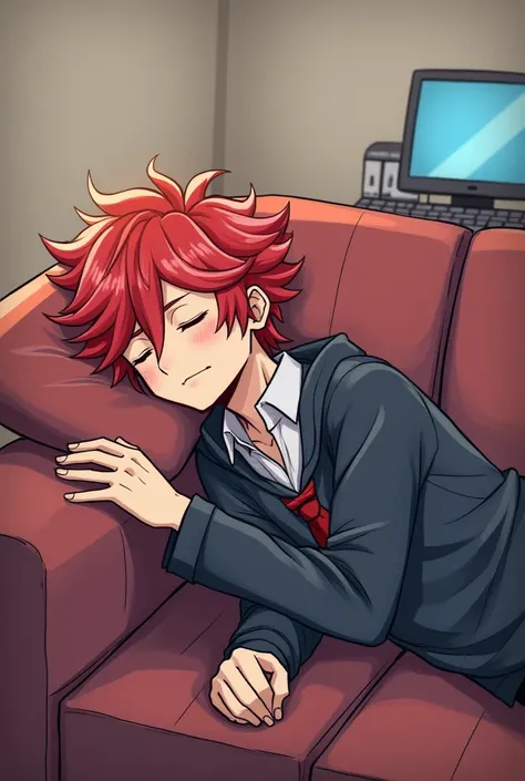 Tired Red-haired boy character Diluk from Genshin Impact SLEEPS. Comic, on the sofa , uneven lines , ibis paint ,  unprofessional , a recognizable person, computer nearby, slightly wrong lines