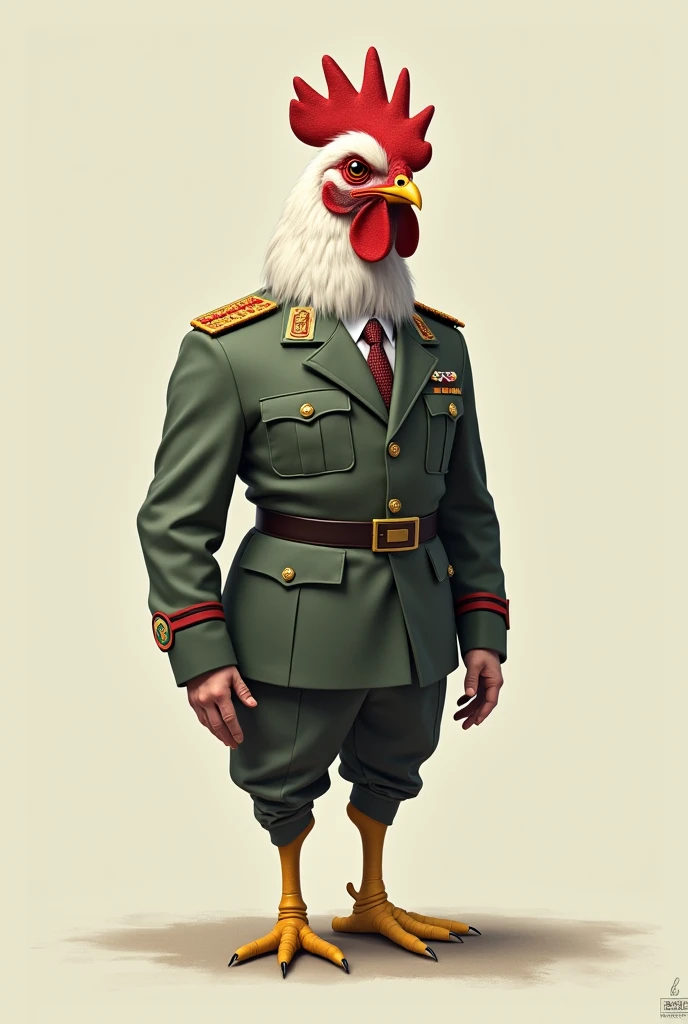 Chicken with a human body, Military dress an image 9:16