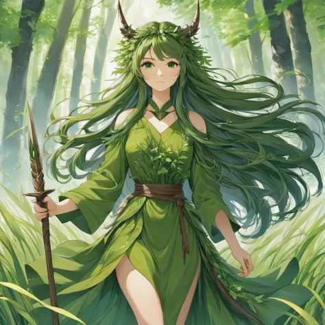 Godess of nature, long hair made of grass, wooden glaive, green leaves dress