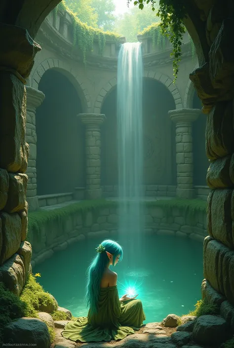 an elf with blue hair sits at the bottom of a stone well and holds an emerald in her hands, seen from above