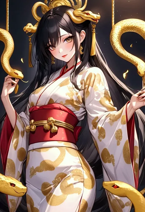 Snake God(( black hair long straight hair))、Golden Snake 、Swing your hips in a kimono and dance with a wad of money instead of a fan