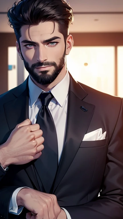 (  best quality,4K,8k,  highres,  masterpiece :1.2),  ultra-detailed  ,(realistic,photorealistic,photo-realistic:1.37),34 years old, man,3 day beard,Beautiful anime,Portraits,strong,Masculine,  with dark hair  ,sharp jaw,   mesmerizing eyes   ,  perfectly ...