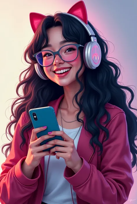  25-year-old woman, Wearing cat headphones, He carries his cell phone in his hand playing,  smiling, has glasses,  long hair, black and curly, es gamer, in the form of a 4k drawing