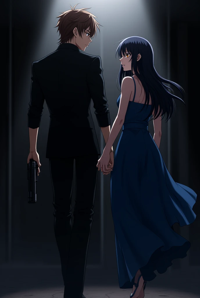 A man( black full sleeve clothing, black eye, brown hair )and  a woman( blue dress, golden eye, black hair ) seeing each other as they walk. The man holds a gun in his left. Anime style, dark theme.