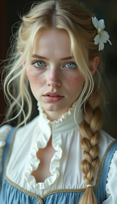 A blonde-haired woman (25 yo) with light blue eyes and freckles on her nose and cheeks,  wears a white colored victorian shirt closed around the neck with ruffles and puff sleeves combined with an azure and silver bodice, a masterpiece, 8k quality photo, a...