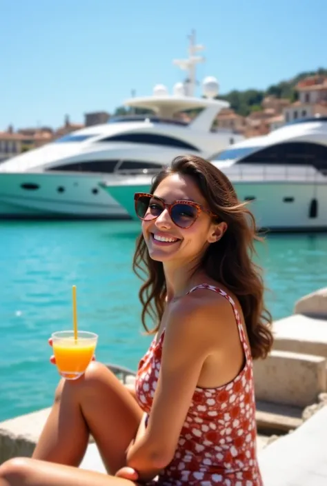 Nice - French Riviera :  Sofia is sitting on a lounger by the sea ,  retro sunglasses. In the background,  the turquoise sea and luxury boats .  She holds a refreshing drink and smiles in a relaxed manner.