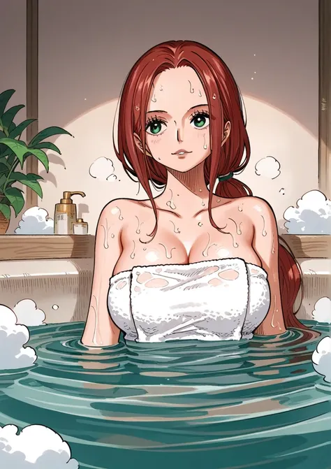 core_9,score_8_up,score_7_up,score_6_up, solo, face, girl, burgundy hair, long hair, green eyes,Anime,(((narrowed eyes)), low ponytail,  big breasts, big eyes, white towel, forehead, one piece , bath, sweaty, hands, (((side view)))
