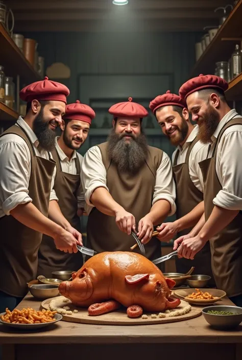  8 friends with their berets and aprons,  a bearded guy with a big belly ,  a guy with a beard , A big Polish man , 5 guys with no beards .  They make a pig like our elders