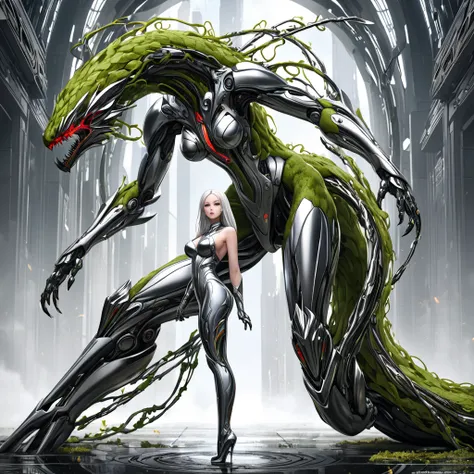 (( best quality)), ((masterpiece)), 1girl , Alone,full body,A humanoid monster with a split design: the right side is an organic plant-based creature, featuring vines, leaves, flowers, and mossy textures, while the left side is a metallic gynoid, sleek and...