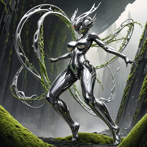 (( best quality)), ((masterpiece)), 1girl , Alone,full body,A humanoid monster with a split design: the right side is an organic plant-based creature, featuring vines, leaves, flowers, and mossy textures, while the left side is a metallic gynoid, sleek and...