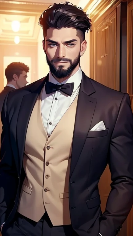 (  best quality,4K,8k,  highres,  masterpiece :1.2),  ultra-detailed  ,(realistic,photorealistic,photo-realistic:1.37),34 years old, man,3 day beard,Beautiful anime,Portraits,strong,Masculine,  with dark hair  ,sharp jaw,   mesmerizing eyes   ,  perfectly ...