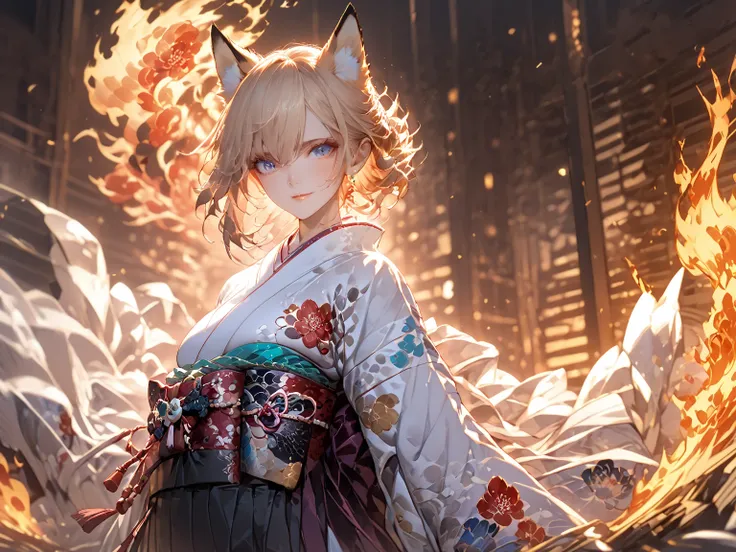 ((((masterpiece)))), anime coloring,Japanese anime,((((Best Quality)))), ,  ,(action),High resolution,fine grain,,Detailed face, Fox Girl,狐の耳,Wearing a kimono,hakama,Beautiful Skin、Beautiful and sophisticated eyes、氷,,雷,fire,xss,,mature_lady